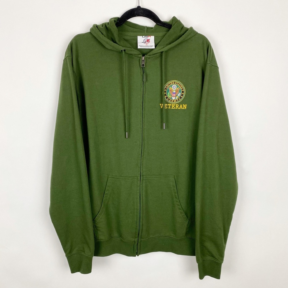AE Sport US Army Veteran Embroidered Full Zip Hoodie Mens Large Olive Green‎